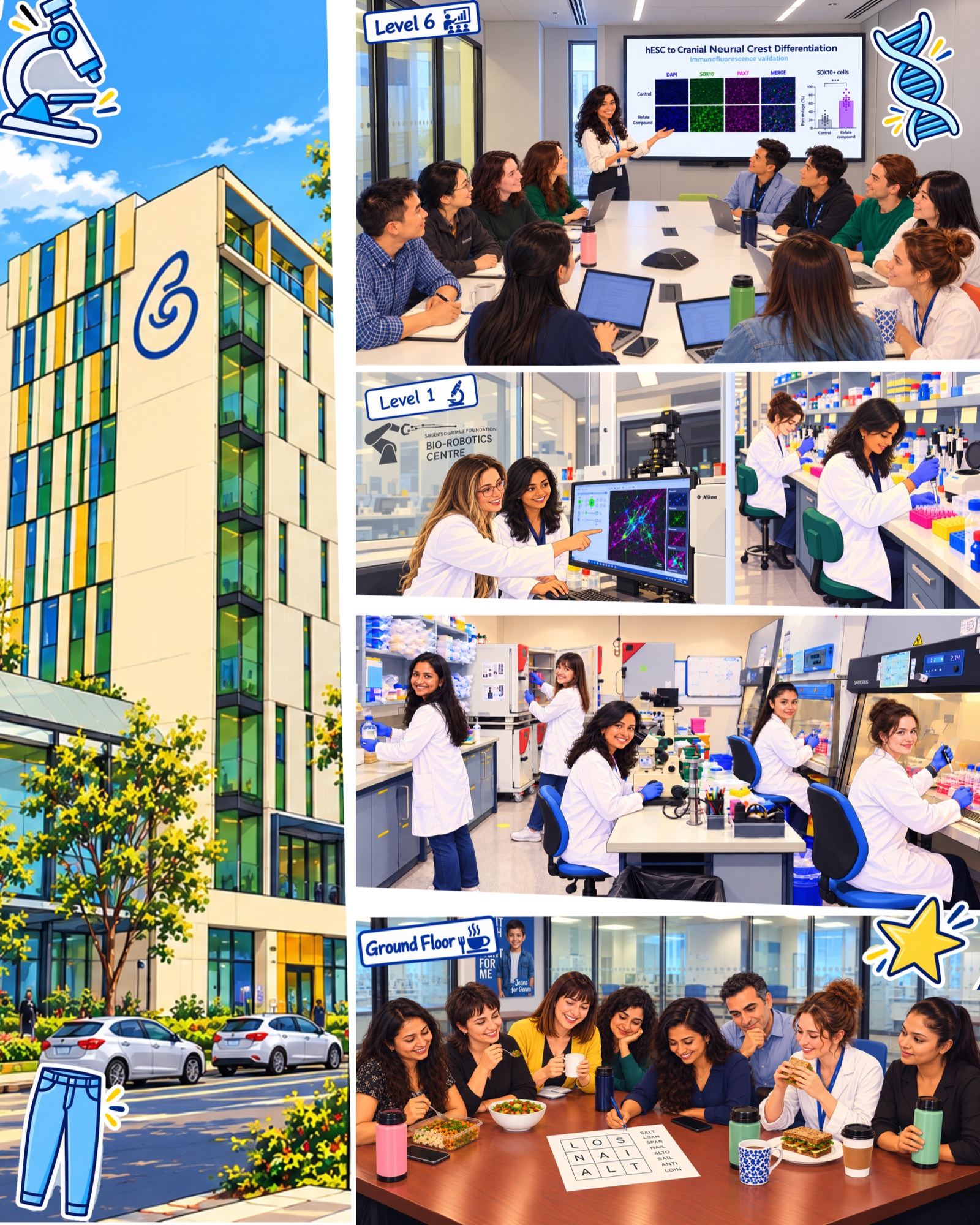 Illustrated scenes of research and daily life in the Computational Systems Biology Unit